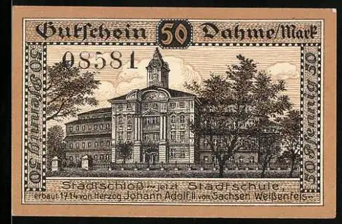 Notgeld Dahme 1920, 50 Pfennig, Stadtansicht mit Schloss im Hintergrund