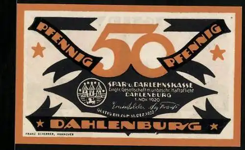 Notgeld Dahlenburg 1920, 50 Pfennig, Druck Franz Schermer Hannover, stilisierte Ornamente & Gebäude-Silhouette