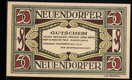 Notgeld Coblenz-Neuendorf 1921, 50 Pfennig, Gutschein mit floralen Mustern und Ehreninschrift Treu den Toten