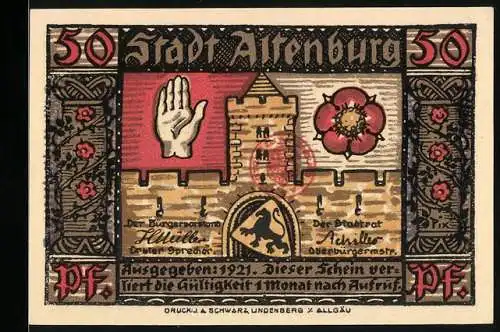 Notgeld Altenburg 1921, 50 Pf, Stadtmauer mit Wappen und Ritter in Rüstung