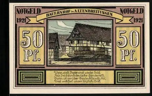 Notgeld Alten - und Frauenbreitungen 1921, 50 Pf, Bauernhof und Industriearbeiter