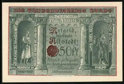 Notgeld Allstedt 1921, 50 Pf, historische Figuren, Stadtansicht nach einer Goethe-Zeichnung