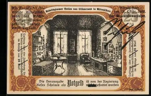 Notgeld Altrahlstedt 1922, 25 Mark, Arbeitszimmer Detlev von Liliencron und Pflügende Familie