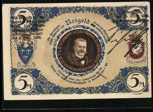 Notgeld Altrahlstedt 1923, 5 Mark, Detlev von Liliencron Gesellschaft, Gedicht O Friede, mit Siegel und Unterschrift