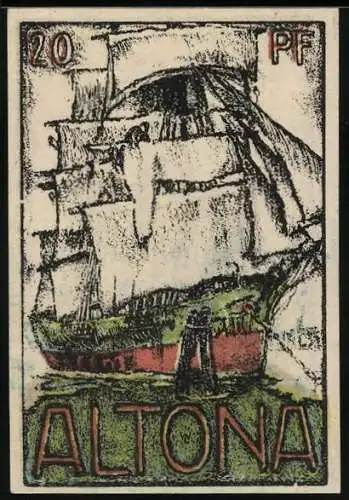 Notgeld Altona 1921, 20 Pf, Segelschiff und Kirchtürme, Rückseite mit Aufruf zur Ungültigkeit