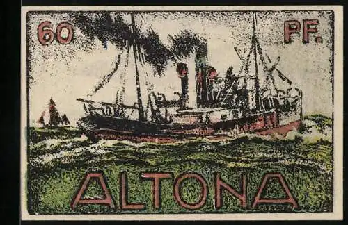 Notgeld Altona, 1921, 60 Pf., Dampfschiff auf der See und Kirche mit drei Türmen