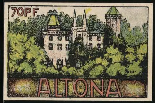 Notgeld Altona 1921, 70 Pf, Ansicht eines Schlosses und Text über Gültigkeitsdauer des Scheines