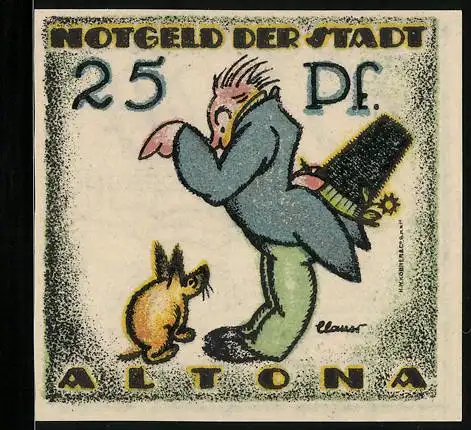 Notgeld Altona 1921, 25 Pf, Mann mit Katze, Rückseite mit Gedicht und Nummerierung 065112