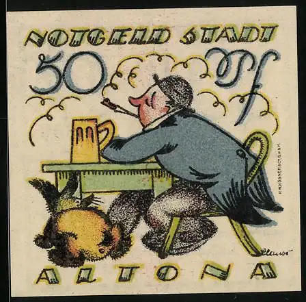 Notgeld Altona, 1921, 50 Pf, sitzender Mann an Tisch mit Bierkrug und Hund