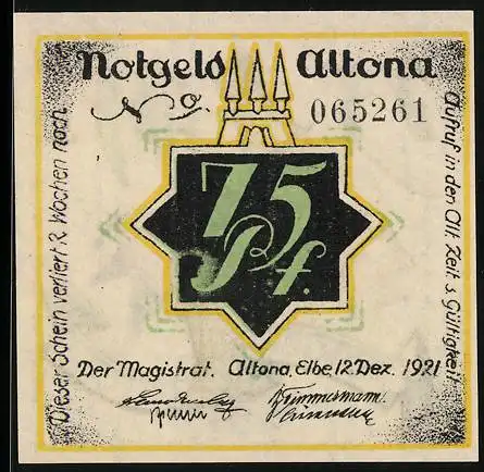 Notgeld Altona, 1921, 75 Pf., Nummer 065261, Stadtwappen und Mann mit Zylinder, gültig für 2 Wochen