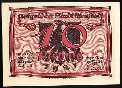 Notgeld Arnstadt 1921, 10 Pfennig, Adler und Tanzende, Paul Weber, rot und schwarz