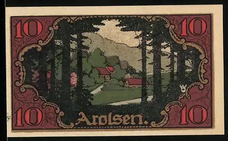 Notgeld Arolsen, 1921, 10 Pfennig, Landschaft mit Häusern und Wappen mit Strahlensonne