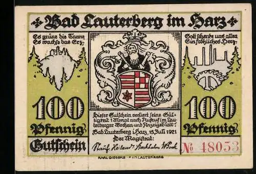 Notgeld Bad Lauterberg im Harz, 1921, 100 Pfennig, Stadtwappen und Industrien, Bismarckturm und Aussichtsturm