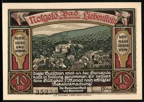 Notgeld Bad Liebenstein, 1921, 10 Pf, Ansicht der Stadt und alte Burg, Luther- und Fröbeldenkmal