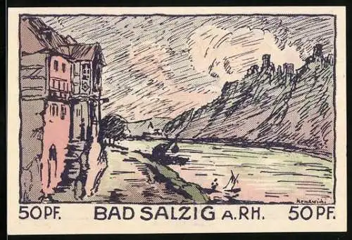 Notgeld Bad Salzig am Rhein, 1921, 50 Pf, Landschaft mit Fluss und Gebäude, Rückseite Mann mit Stock