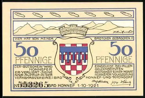 Notgeld Bad Honnef, 1921, 50 Pfennige, Stadtwappen und Landschaft am Rhein