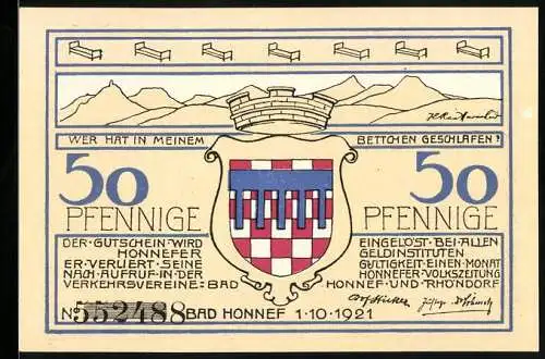 Notgeld Bad Honnef, 1921, 50 Pfennige, Vorderseite Wappen und Bettenlager, Rhöndorf am Rhein Strandbad und Drachenfels