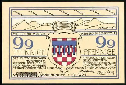 Notgeld Bad Honnef 1921, 99 Pfennige, Wappen und Gebäude Darstellung