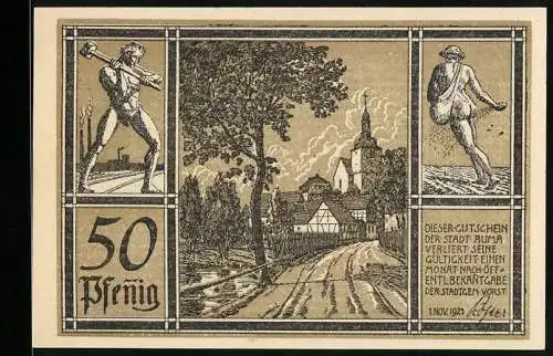 Notgeld Auma, 1921, 50 Pfennig, Stadtansicht mit Wappen und Arbeiter