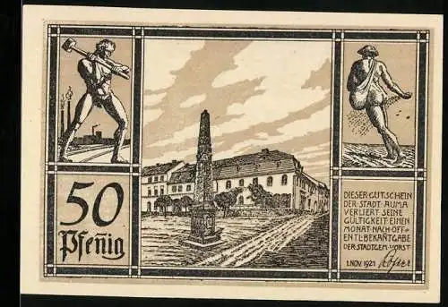 Notgeld Auma, 1921, 50 Pfennig, Stadtansicht mit Arbeiter und Wappen auf der Rückseite