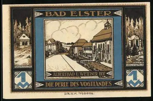 Notgeld Bad Elster, 1920, 1 Mark, Albertbad und Wettiner Hof, Die Perle des Vogtlandes