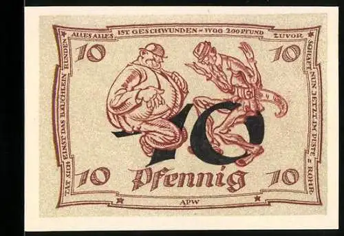 Notgeld Arnstadt, 1921, 10 Pfennig, Design mit zwei Figuren und Adler, gültig bis März 1922