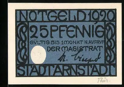Notgeld Arnstadt 1920, 25 Pfennig, Blaues Design mit Adler und Magistratsignatur