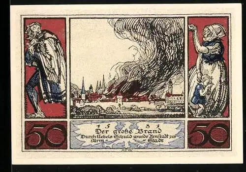 Notgeld Arnstadt 1921, 50 Pfennig, Der grosse Brand 1581, Adler