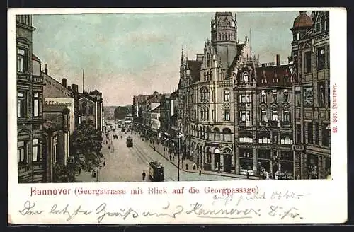 AK Hannover, Georgstrasse mit Blick auf die Georgpassage, Blick die Strasse hinab mit Strassenbahnen