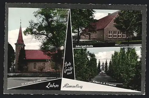 AK Lahn /Hümmling, Schule, St. Martin Kirche, Kreuz auf dem Friedhof