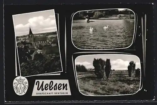 AK Uelsen /Grafschaft Bentheim, Kirche im Ortsbild, Schwanenteich, Heidelandschaft