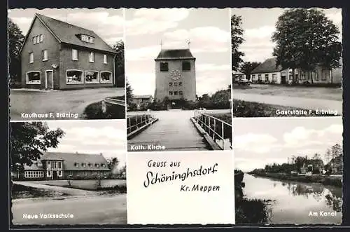 AK Schöninghsdorf /Kr. Meppen, Gaststätte F. Brüning, Kaufhaus F. Brüning, neue Volksschule