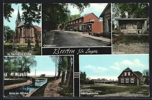 AK Beesten /Kr. Lingen, Ortsmotiv, Brücke, St. Servatius Kirch e