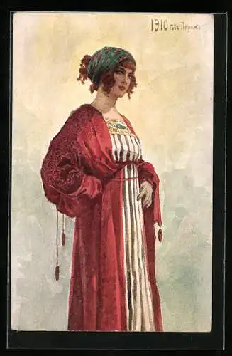 Künstler-AK S. Solomko: Pariserin im Kaftan, 1910