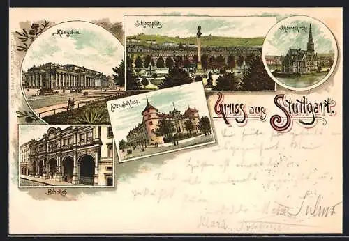 Vorläufer-Lithographie Stuttgart, 1895, Königsbau, Bahnhof, Altes Schloss