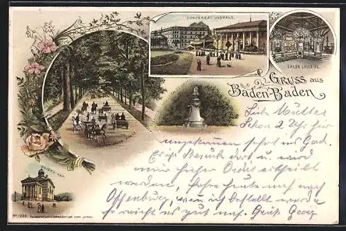 Lithographie Baden-Baden, Conversationshaus, Griechische Kapelle, Lichtenthaler Allee