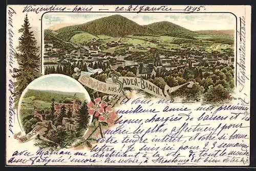 Lithographie Baden-Baden, Ortsansicht vom Friesenberg aus, Das alte Schloss