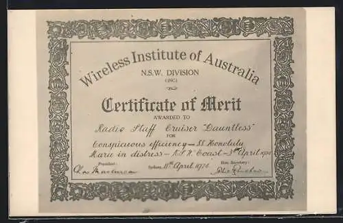 AK Sydney, Certificate of Merit, Wireless Institute of Australia, N. S. W. Division