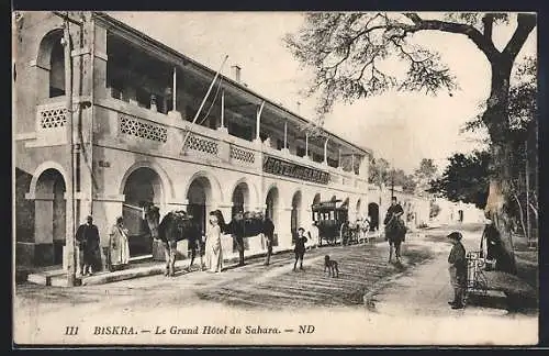 AK Biskra, Le Grand Hôtel du Sahara, Kamele, Pferdekutsche