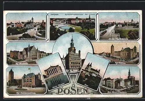 AK Posen-Poznan, Theaterbrücke mikt Strassenbahn, Rathaus, Dom, Schloss, Kgl. Residenzschloss