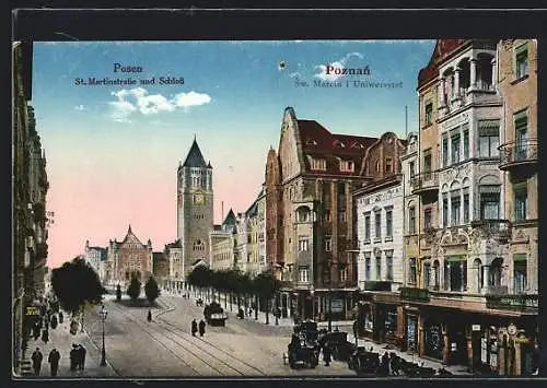 AK Posen / Poznan, St. Martinstrasse und Schloss, Pferdekutsche