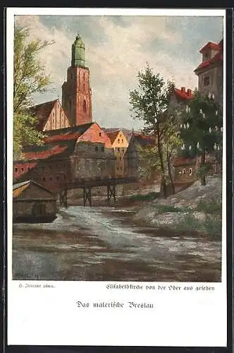 Künstler-AK Breslau, Das malerische Breslau - Elisabethkirche von der Oder aus