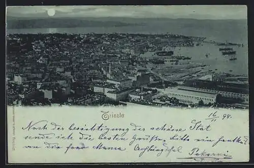 Mondschein-AK Trieste, Stadtansicht mit Hafen