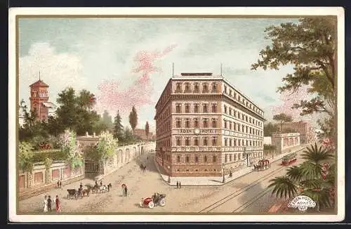 Lithographie Roma, Eden Hotel, Eckfassade mit Strassen