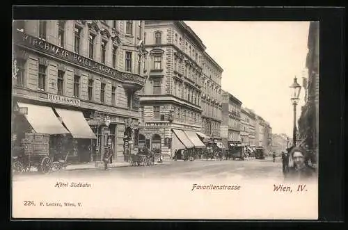 AK Wien, Favoritenstrasse mit Kirchmayer Hotel Südbahn und Strassenbahn