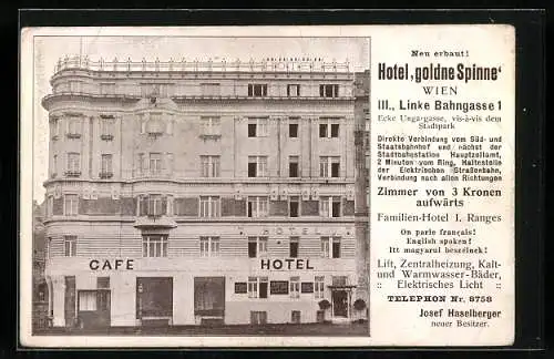 AK Wien, Hotel goldne Spinne Linke Bahngasse 1, Bes. Josef Haselberger