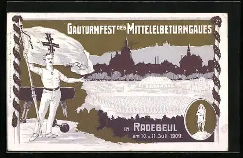 AK Radebeul, Gauturnfest des Mittelelbeturngaus 1909, Turner mit Flagge und turnende Menge auf grossem Platz