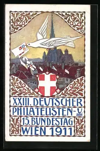 Künstler-AK H. Kalmsteiner: Wien, XXIII. Deutscher Philatelisten- u. 15. Bundestag 1911, Taube über dem Ort