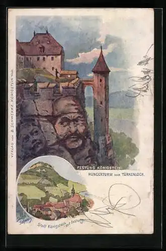 Lithographie Schwenke Ser. 1, Nr. 6: Königstein, Hungerturm und Türkenloch, Berg mit Gesicht / Berggesichter