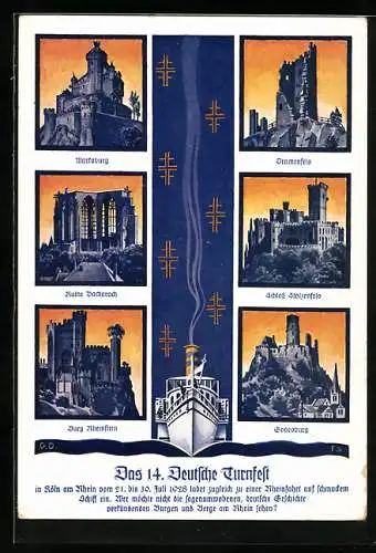 AK Köln, 14. Deutsches Turnfest 1928, Drachenfels, Schloss Stolzenfels, Godesburg